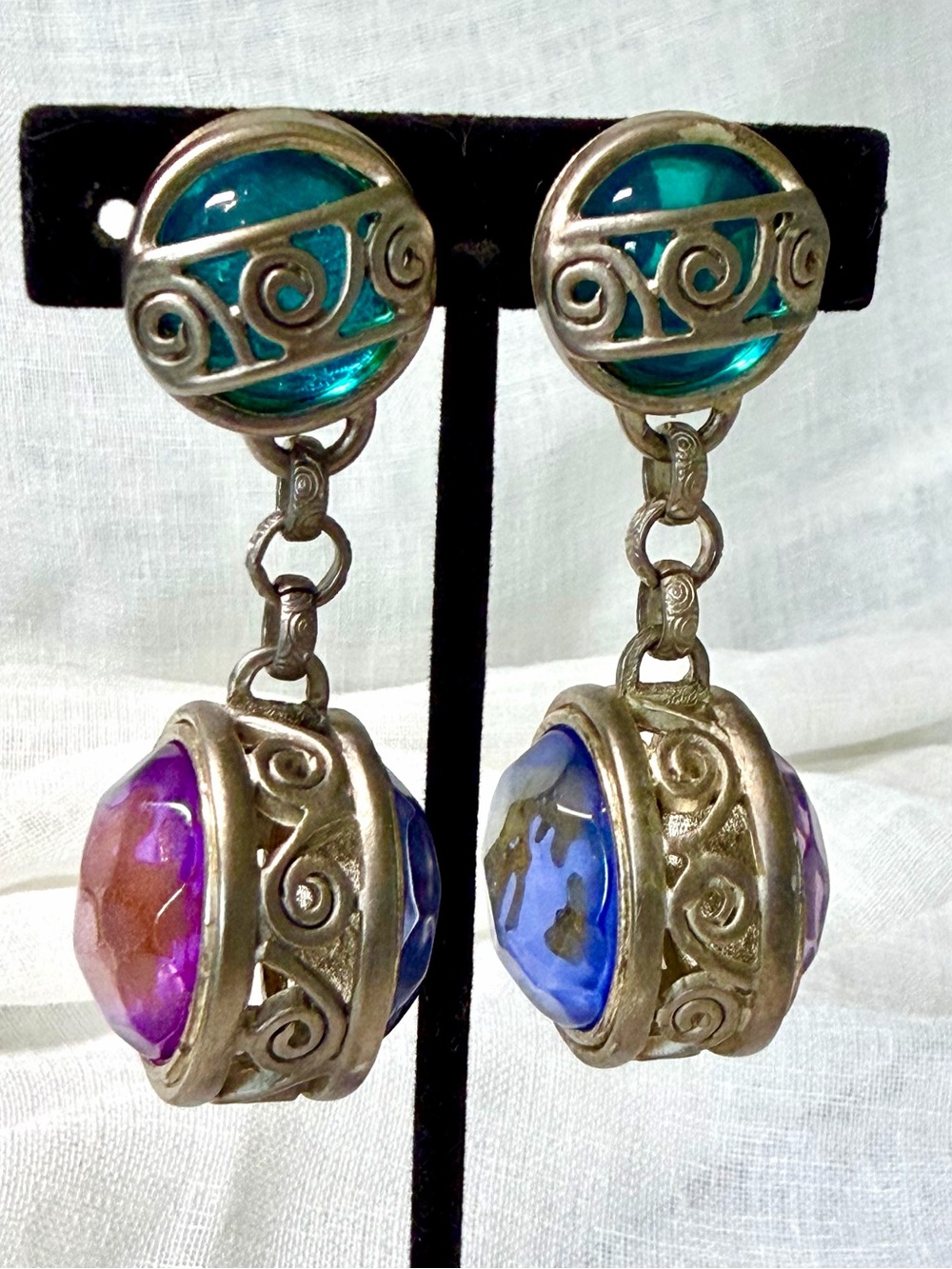 VTG Statement Art Glass Drop Clip On Earrings Foiled Caged Cabochon Silver Tone
